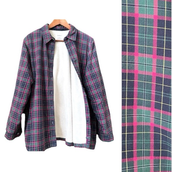 L.L. Bean Tops - L.L. Bean Fleece Lined Flannel Plaid Shirt Shacket Jacket Large Blue Pink Green
